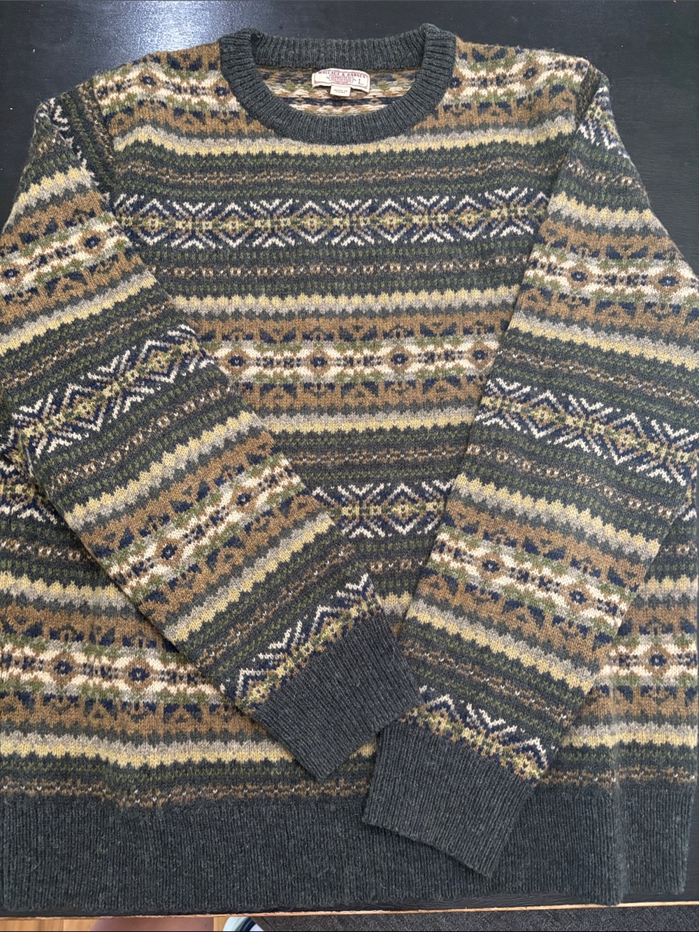 Men's Crewneck Fair Isle Sweater in Olive & Brown - Unbranded